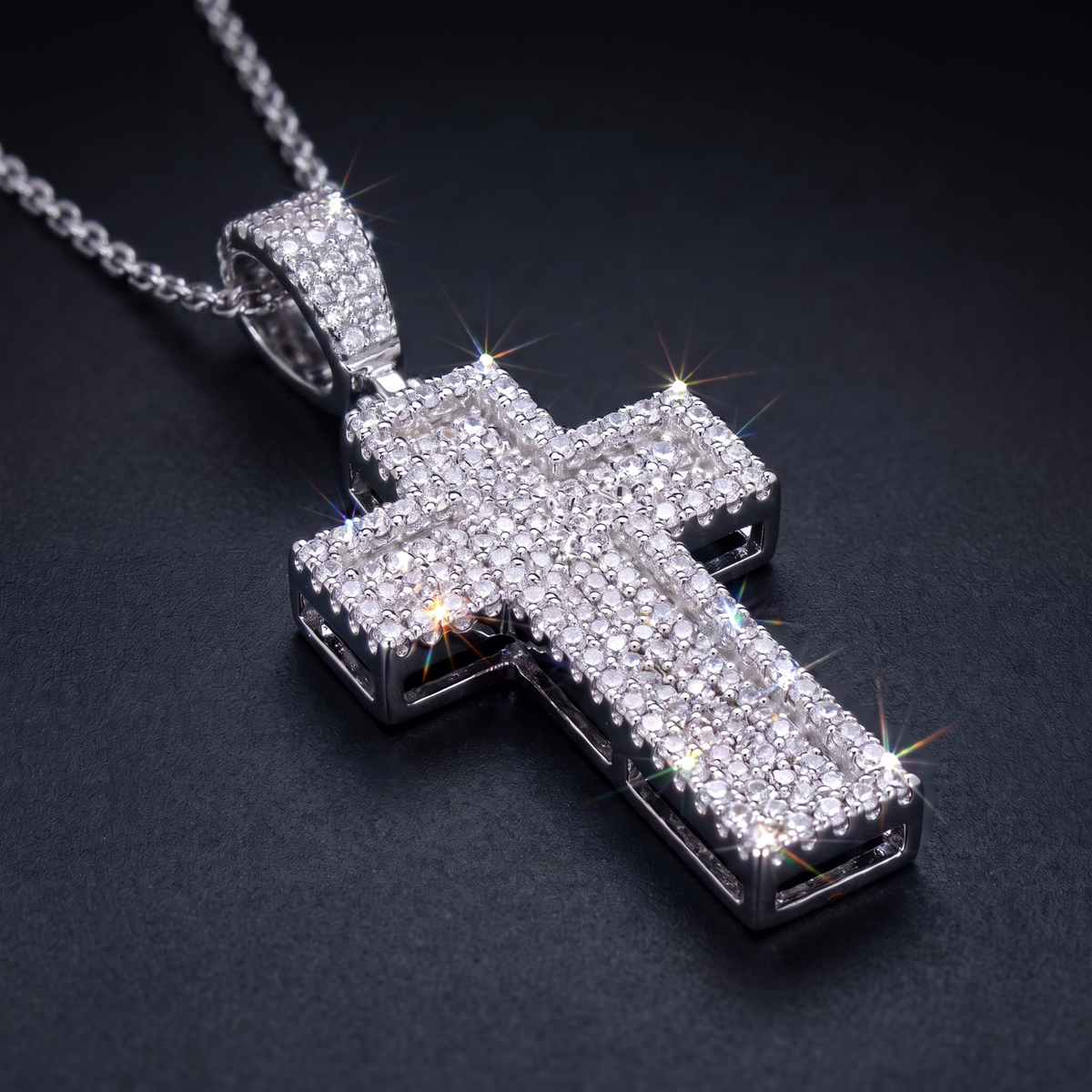 14k White Gold Iced Out 3D Layered Cross Pendant - Medium