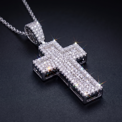 14k White Gold Iced Out 3D Layered Cross Pendant - Medium