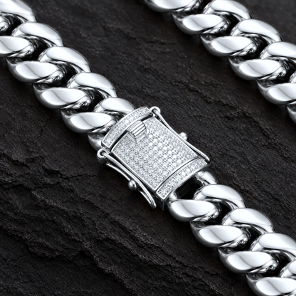 14k White Gold 14mm Miami Cuban Chain Necklace Diamond Clasp