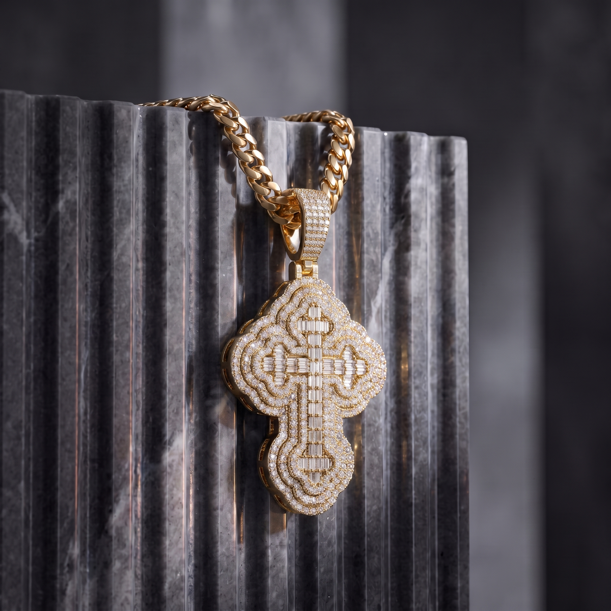 14k Gold Iced Out 3D Iced Baguette Cross - Large
