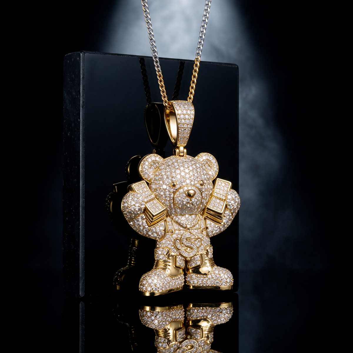 14k Gold Iced Out Teddy Bear Money Pendant