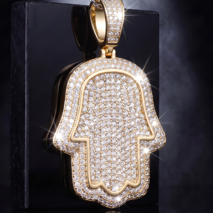 14k Gold Iced Out Hamsa Hand Pendant - Large