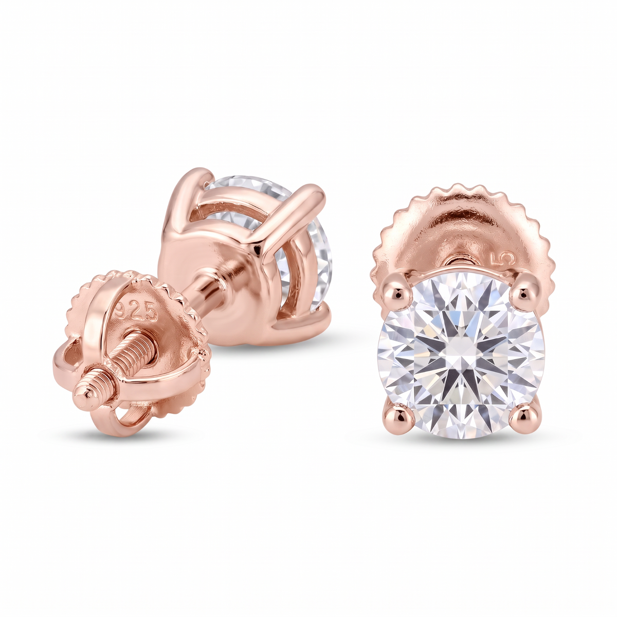 14k Rose Gold 6.5mm Diamond Earrings - Screwback or Pushback - Pair