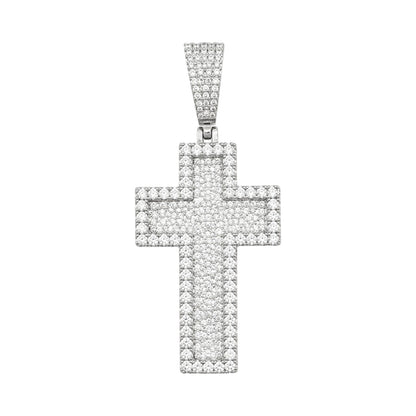 14k White Gold Iced Out 3D Layered Cross Pendant - Medium