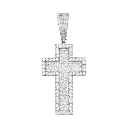 14k White Gold Iced Out 3D Layered Cross Pendant - Medium