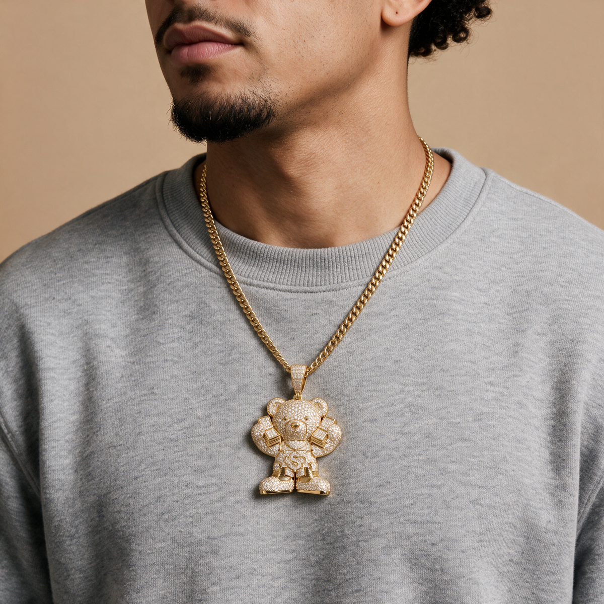 14k Gold Iced Out Teddy Bear Money Pendant