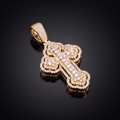 14k Gold Iced Out 3D Iced Baguette Cross - Medium