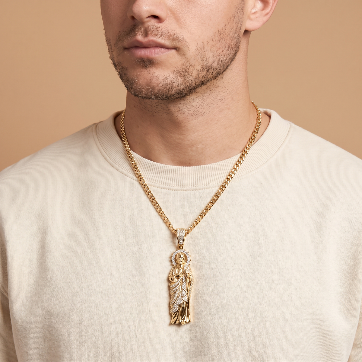 14k Gold Iced Out Sacred Heart Jesus Pendant