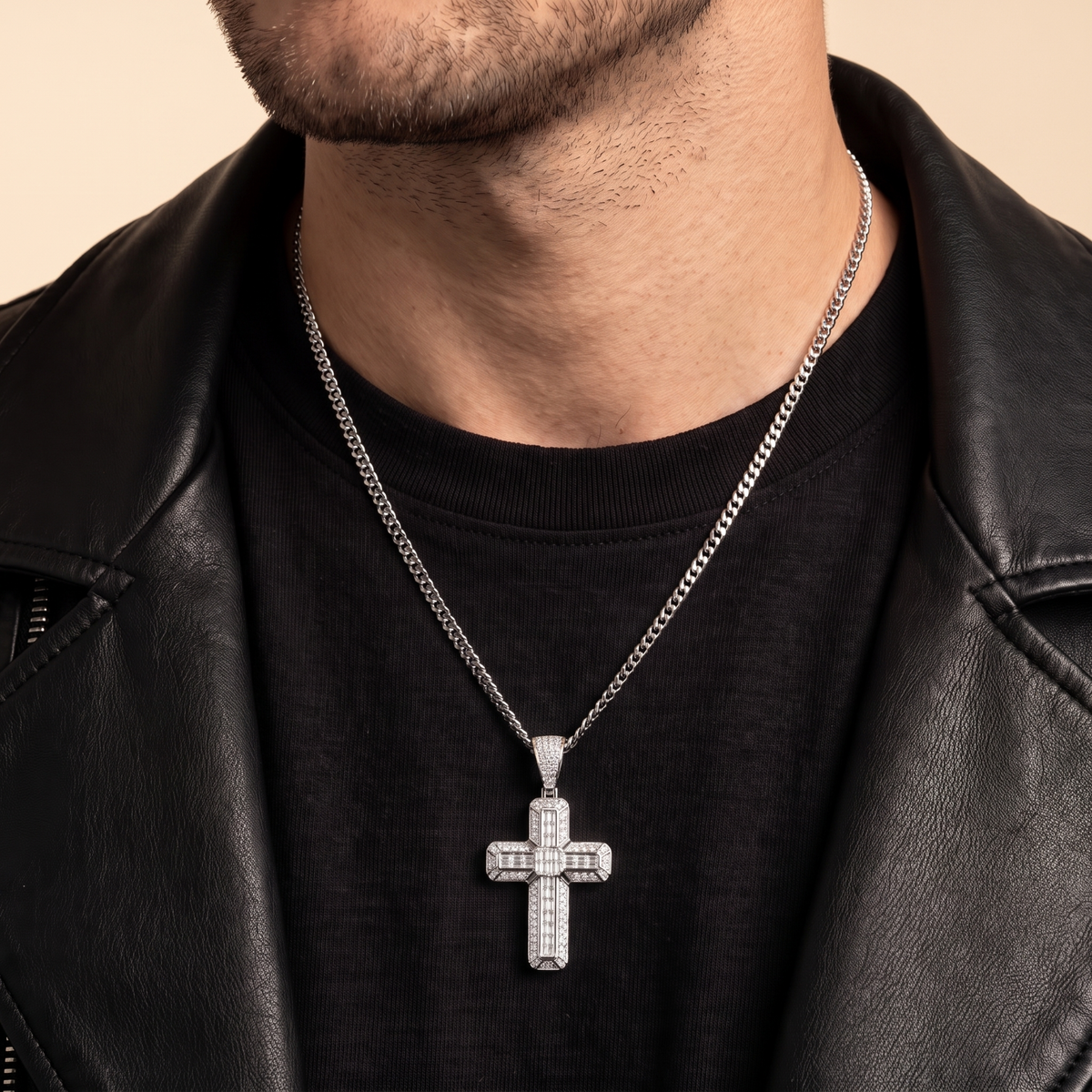14k White Gold Iced Out 3D Iced Baguette Cross - Small