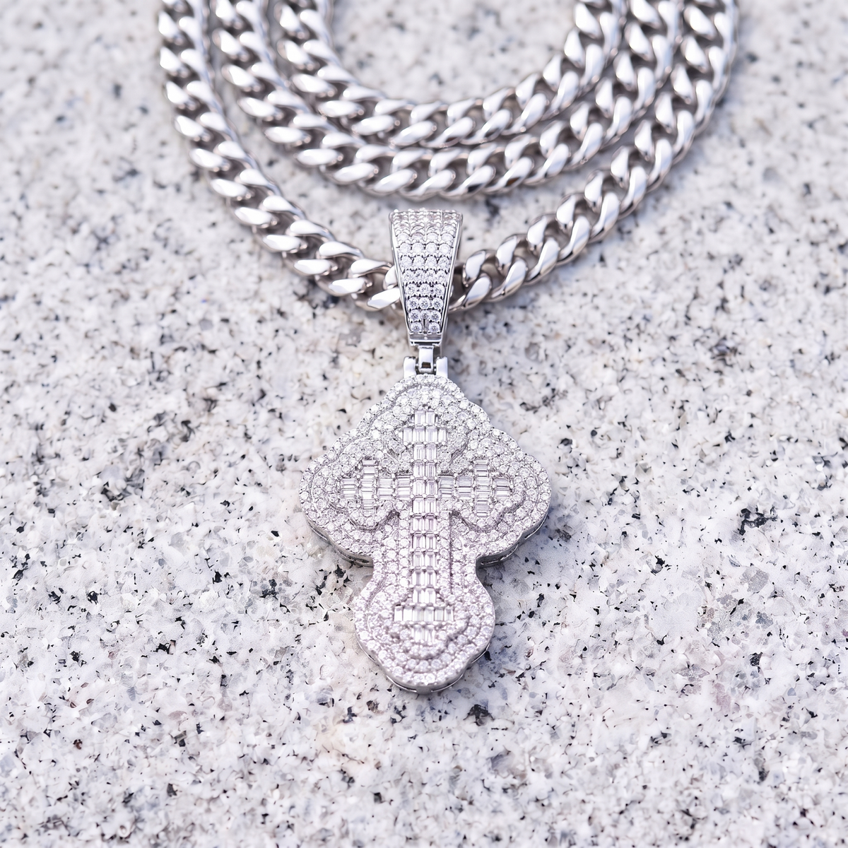 14k White Gold Iced Out 3D Iced Baguette Cross - Large