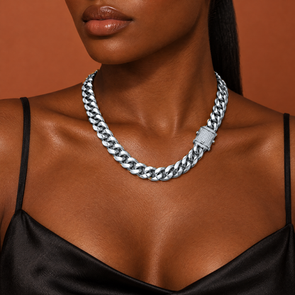 14k White Gold 12mm Miami Cuban Chain Necklace Diamond Clasp