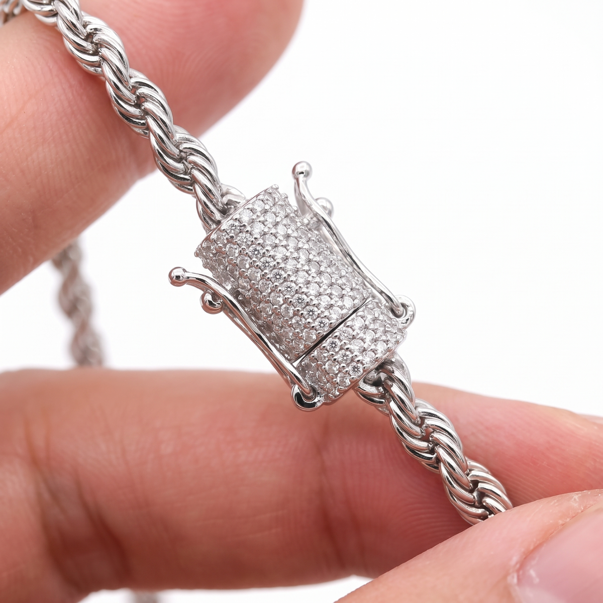 14k White Gold 5mm Diamond Clasp Rope Chain