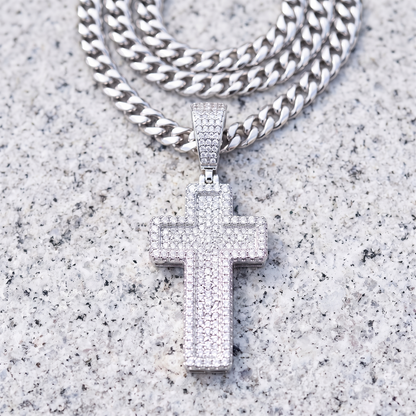 14k White Gold Iced Out 3D Layered Cross Pendant - Large