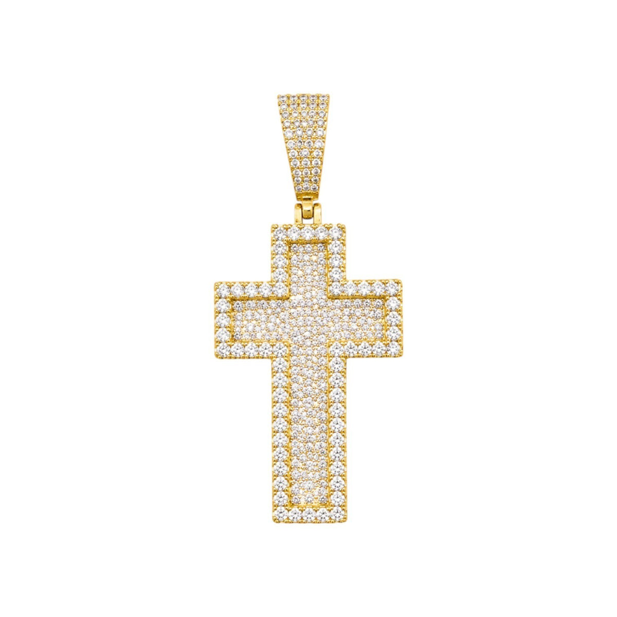 14k Gold Iced Out 3D Layered Cross Pendant - Small