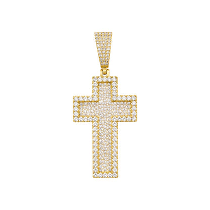 14k Gold Iced Out 3D Layered Cross Pendant - Small