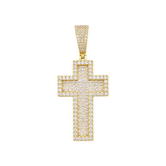 14k Gold Iced Out 3D Layered Cross Pendant - Small