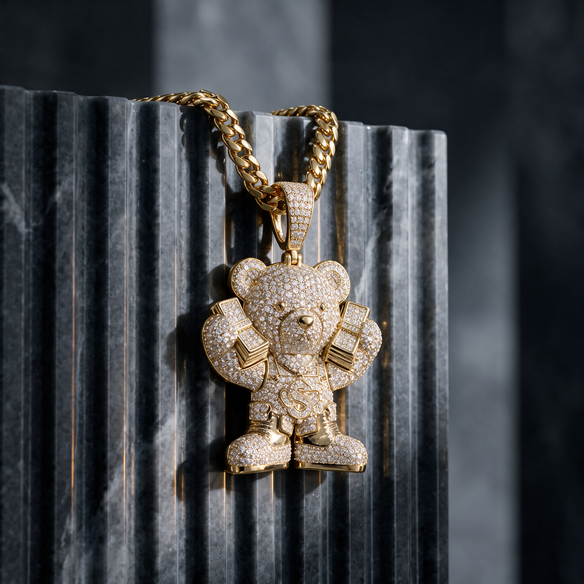14k Gold Iced Out Teddy Bear Money Pendant