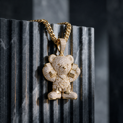 14k Gold Iced Out Teddy Bear Money Pendant
