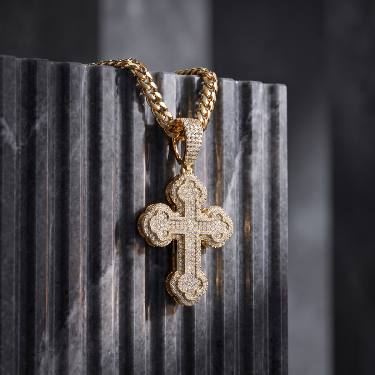 14k Gold Iced Out Budded Cross Pendant