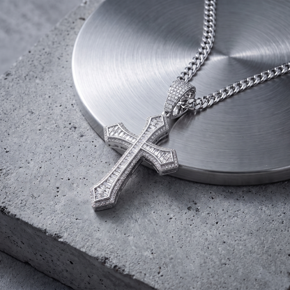 14k White Gold Iced Out Baguette Cross Pendant