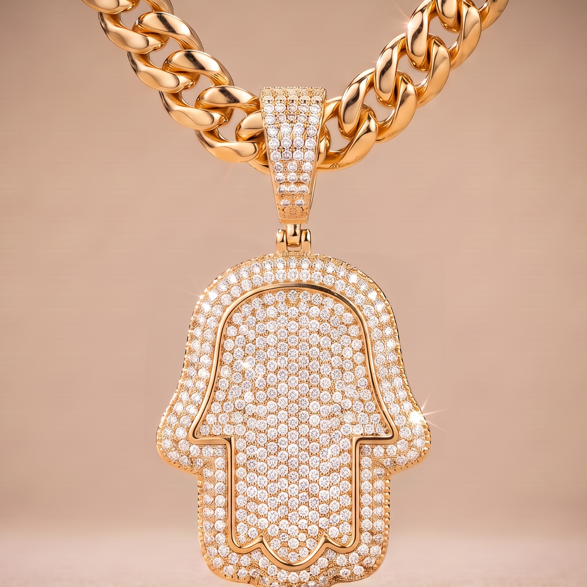 14k Gold Iced Out Hamsa Hand Pendant - Large