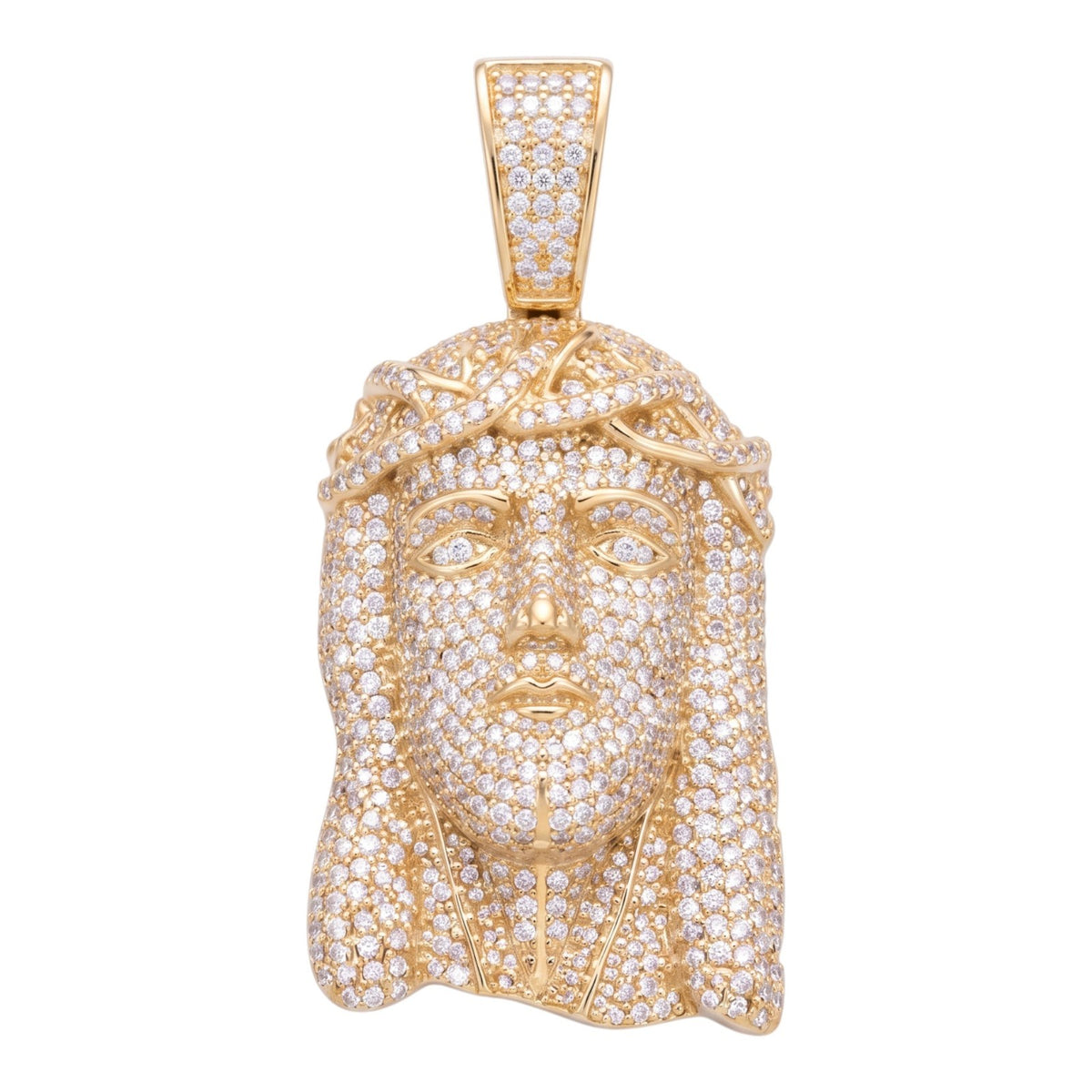 14k Gold Iced Out Jesus Face Crown of Thorns Pendant