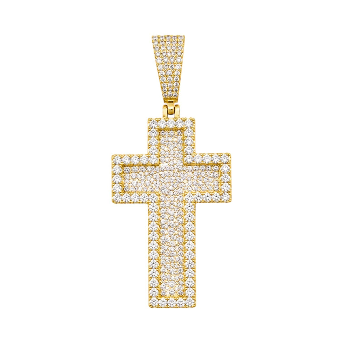 14k Gold Iced Out 3D Layered Cross Pendant - Medium