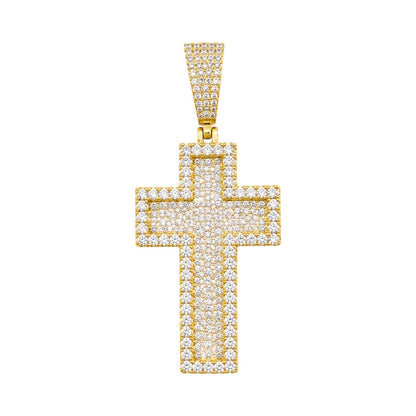 14k Gold Iced Out 3D Layered Cross Pendant - Medium