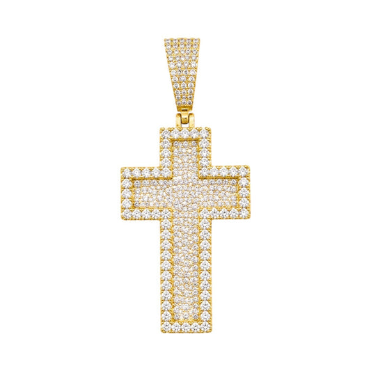 14k Gold Iced Out 3D Layered Cross Pendant - Medium