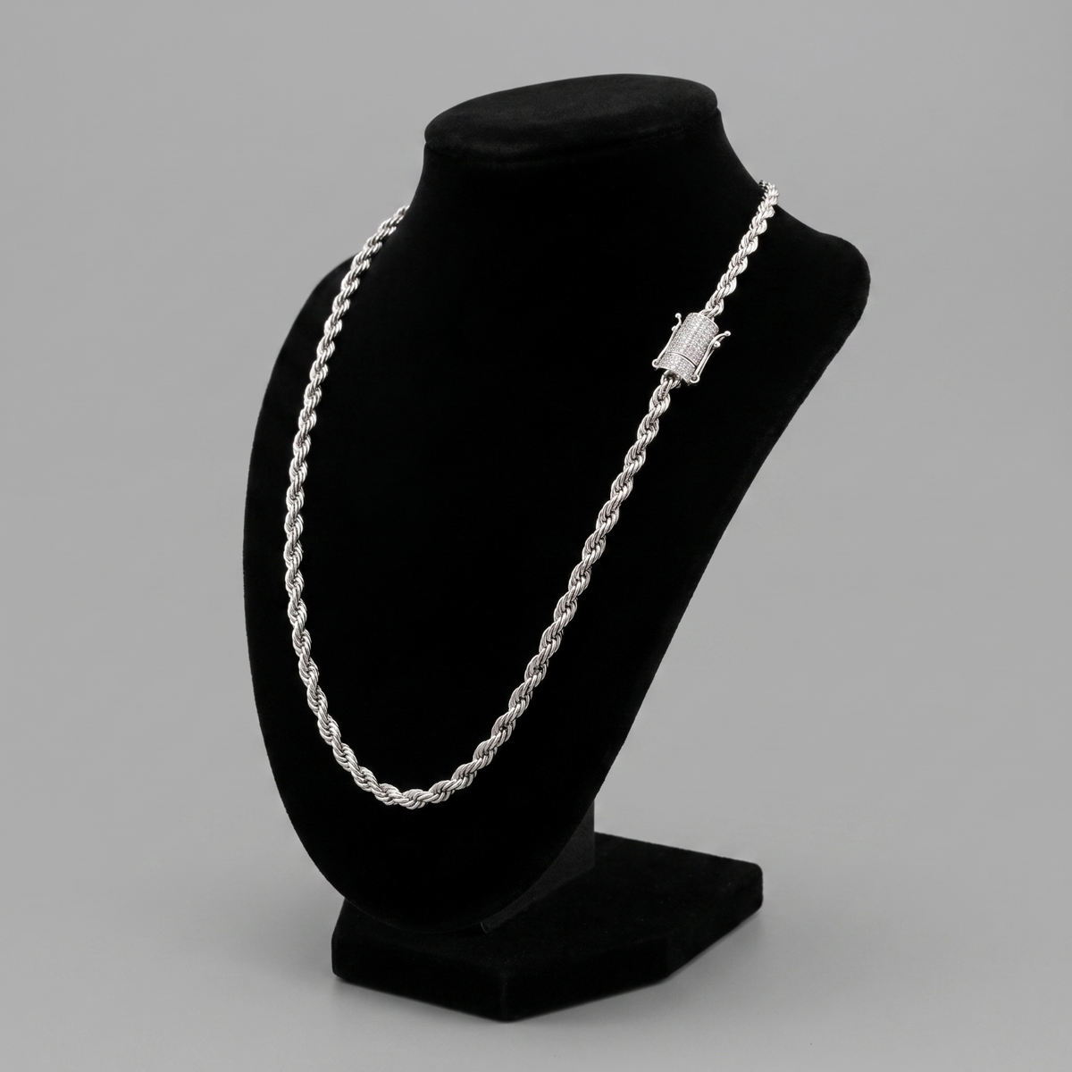 14k White Gold 5mm Diamond Clasp Rope Chain