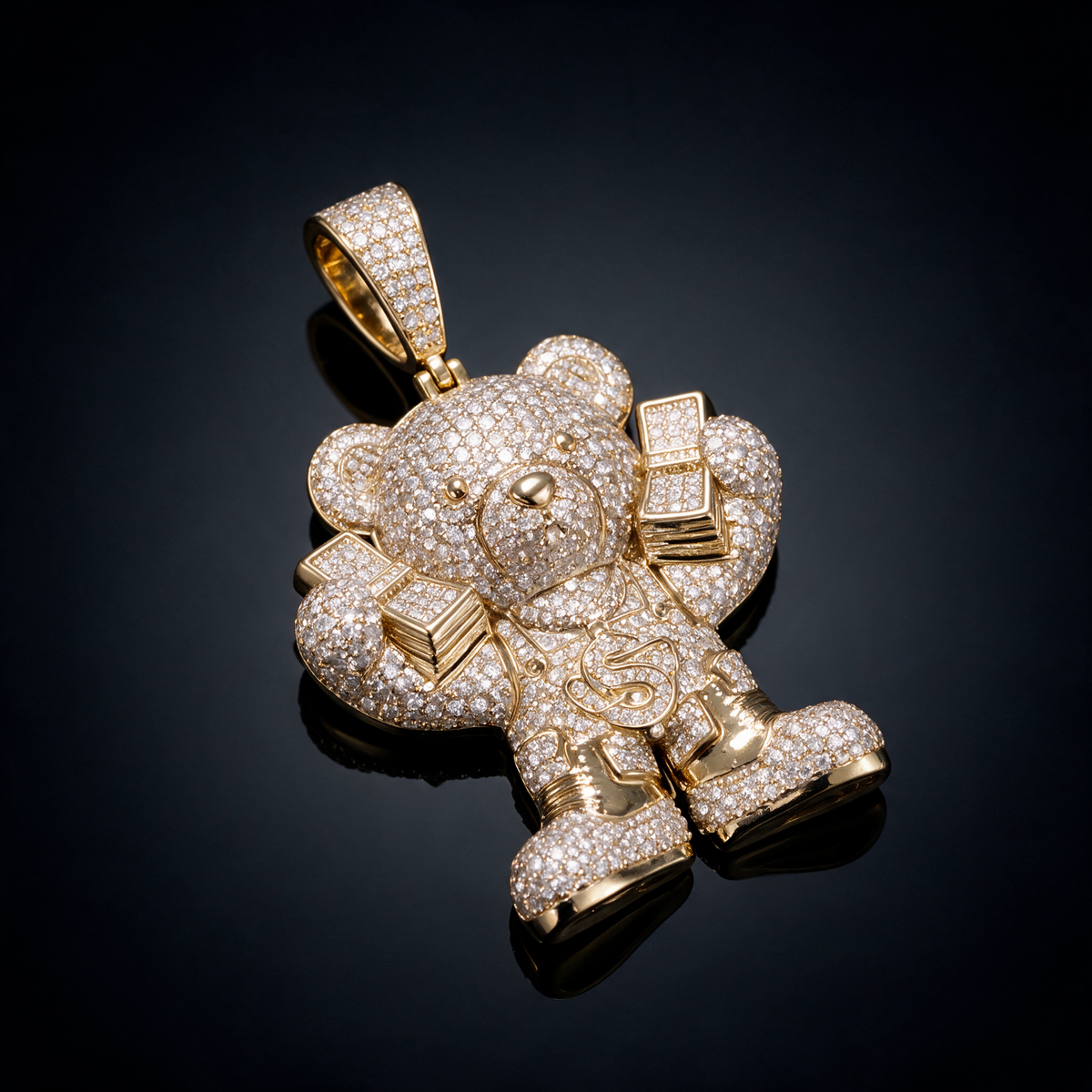 14k Gold Iced Out Teddy Bear Money Pendant