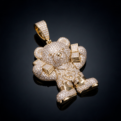 14k Gold Iced Out Teddy Bear Money Pendant