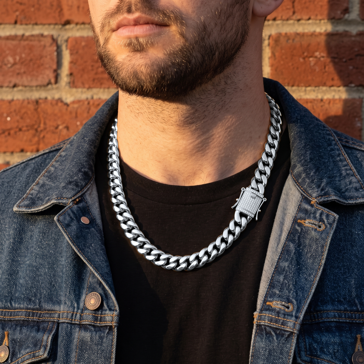14k White Gold 10mm Miami Cuban Chain Necklace Diamond Clasp