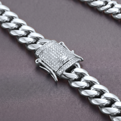 14k White Gold 8mm Miami Cuban Chain Necklace Diamond Clasp