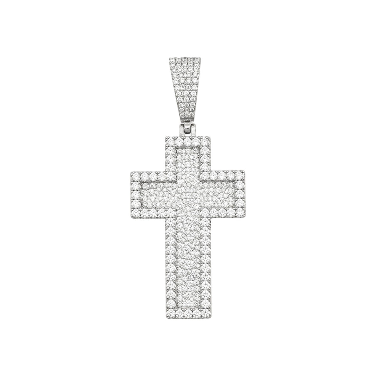 14k White Gold Iced Out 3D Layered Cross Pendant - Medium