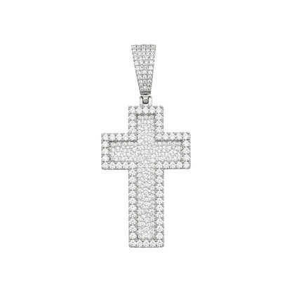 14k White Gold Iced Out 3D Layered Cross Pendant - Medium
