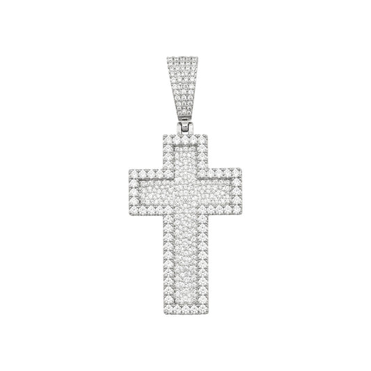14k White Gold Iced Out 3D Layered Cross Pendant - Medium