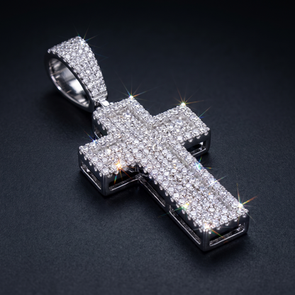14k White Gold Iced Out 3D Layered Cross Pendant - Medium