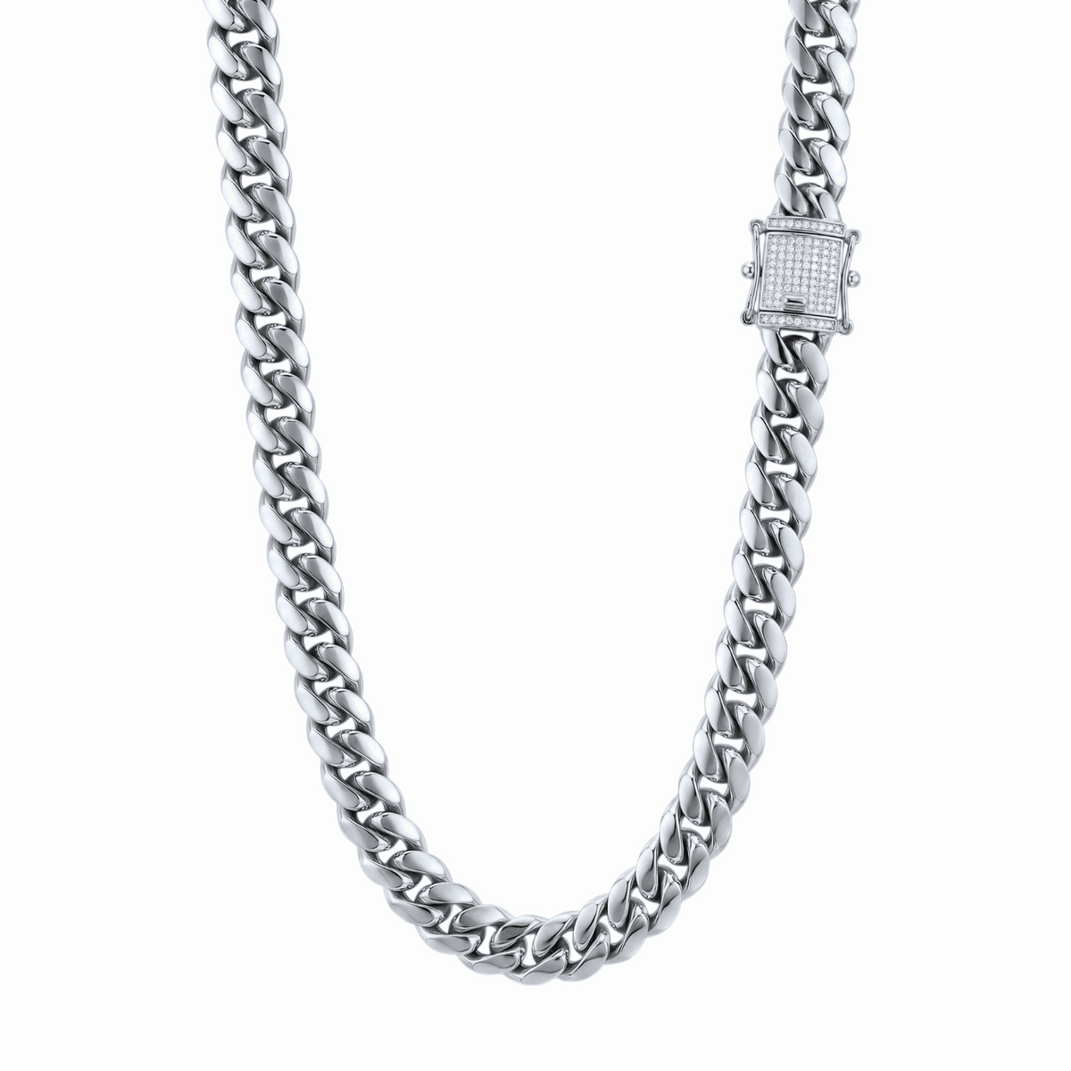 14k White Gold 10mm Miami Cuban Chain Necklace Diamond Clasp