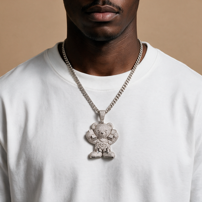 14k White Gold Iced Out Teddy Bear Money Pendant