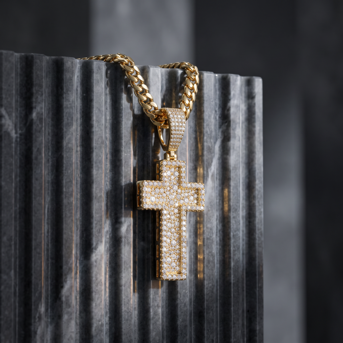 14k Gold Iced Out 3D Layered Cross Pendant - Small