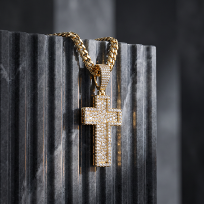 14k Gold Iced Out 3D Layered Cross Pendant - Small