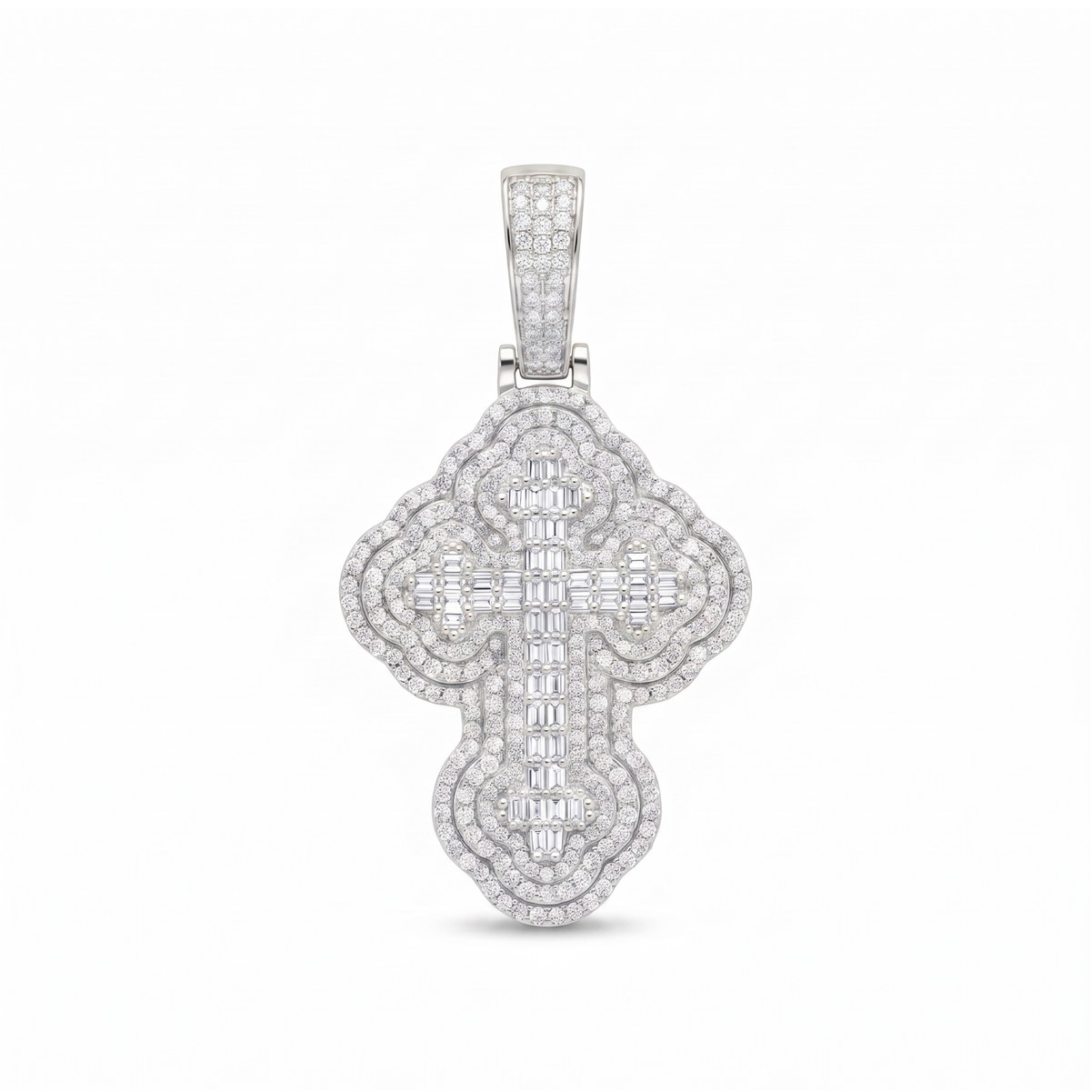14k White Gold Iced Out 3D Iced Baguette Cross - Small
