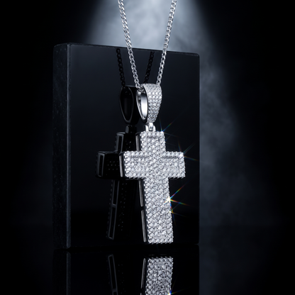 14k White Gold Iced Out 3D Layered Cross Pendant - Medium