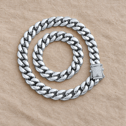 14k White Gold 12mm Miami Cuban Chain Necklace Diamond Clasp