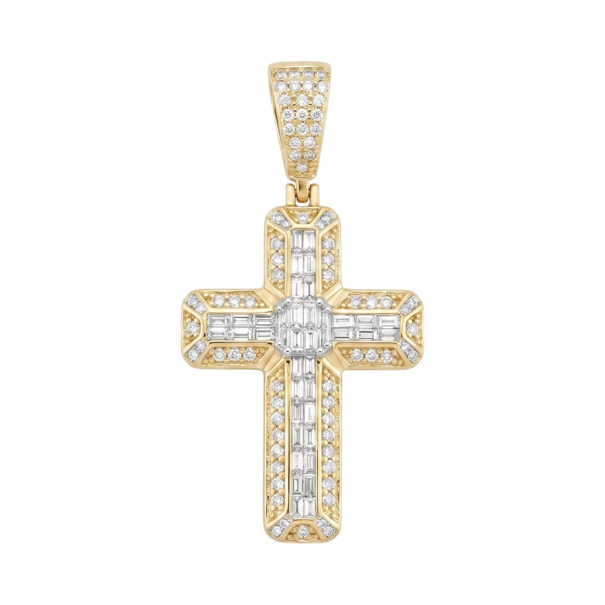 14k Gold Iced Out 3D Baguette Cross - Medium