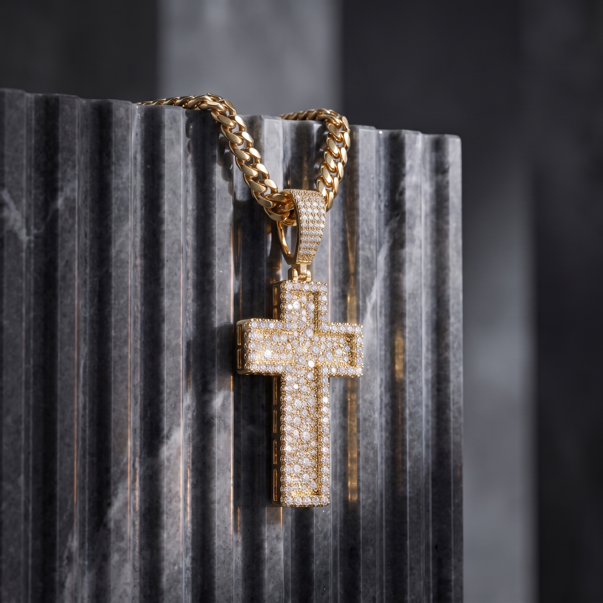 14k Gold Iced Out 3D Layered Cross Pendant - Large