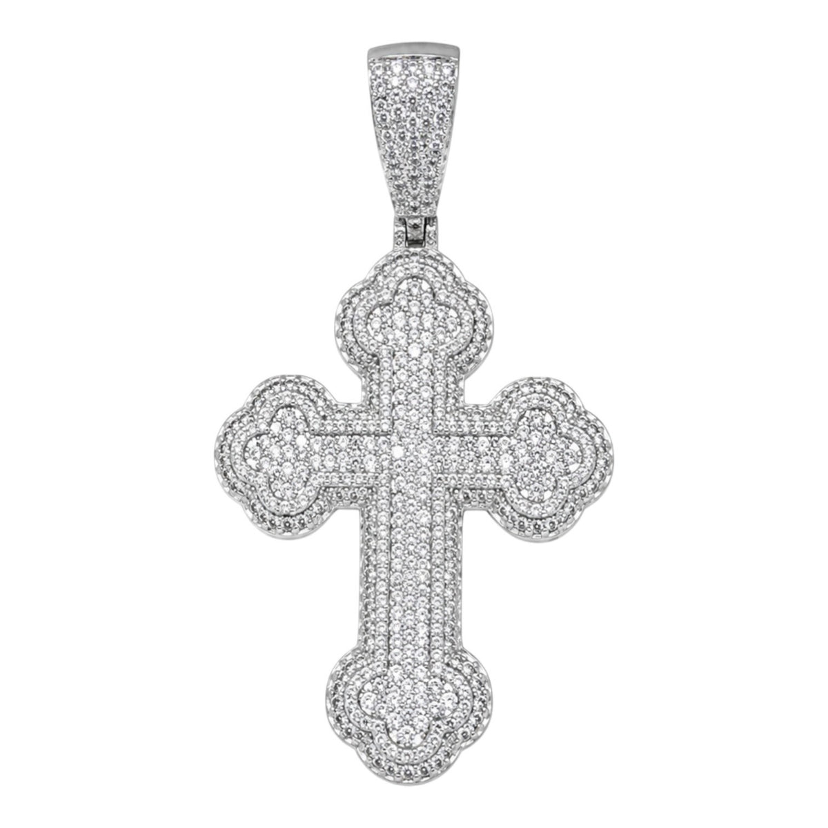 14k White Gold Iced Out Budded Cross Pendant