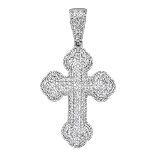14k White Gold Iced Out Budded Cross Pendant