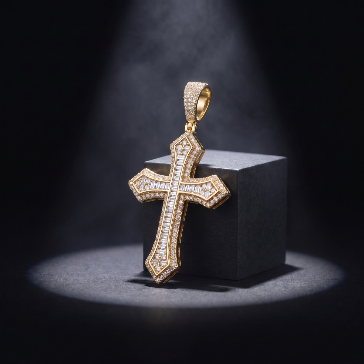 14k Gold Iced Out Baguette Cross Pendant